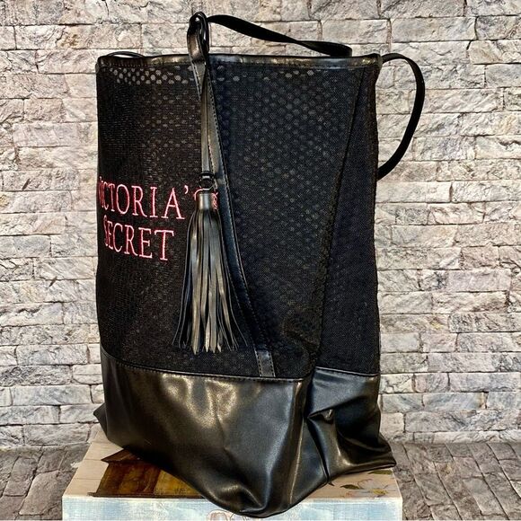 Victoria's Secret Black Mesh Tote Bag Pink Embroidered Letters Dual Handle - Picture 2 of 7
